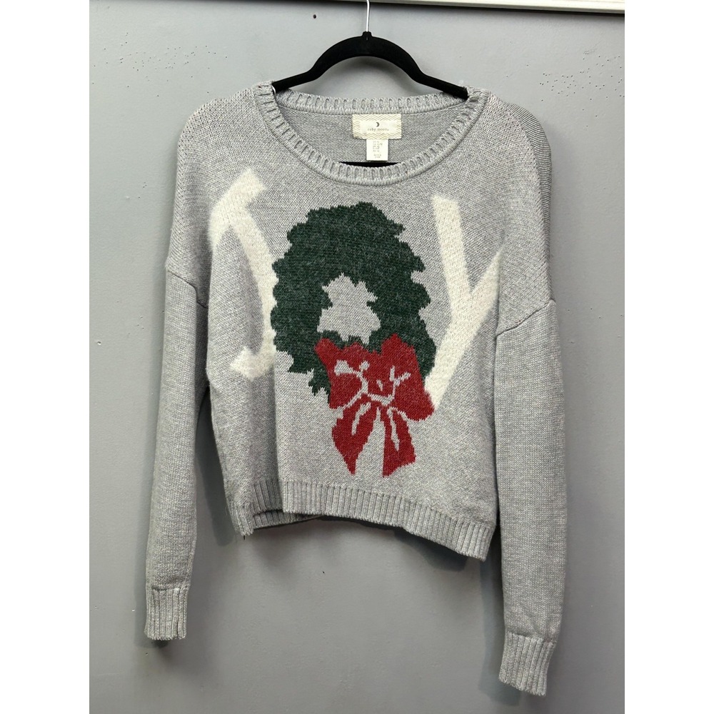 Ruby Moon Sweater Womens XS Grey JOY Christmas Wreath Graphic Pullover 14629
